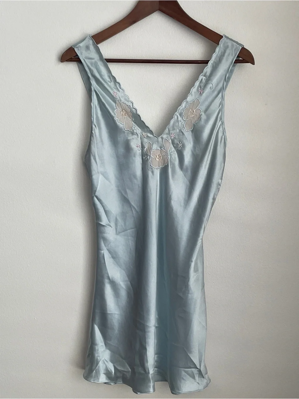 Vintage 90s Baby Blue Satin Lace Floral Slip Dress Size Small Coquette Fairy - Picture 8 of 13